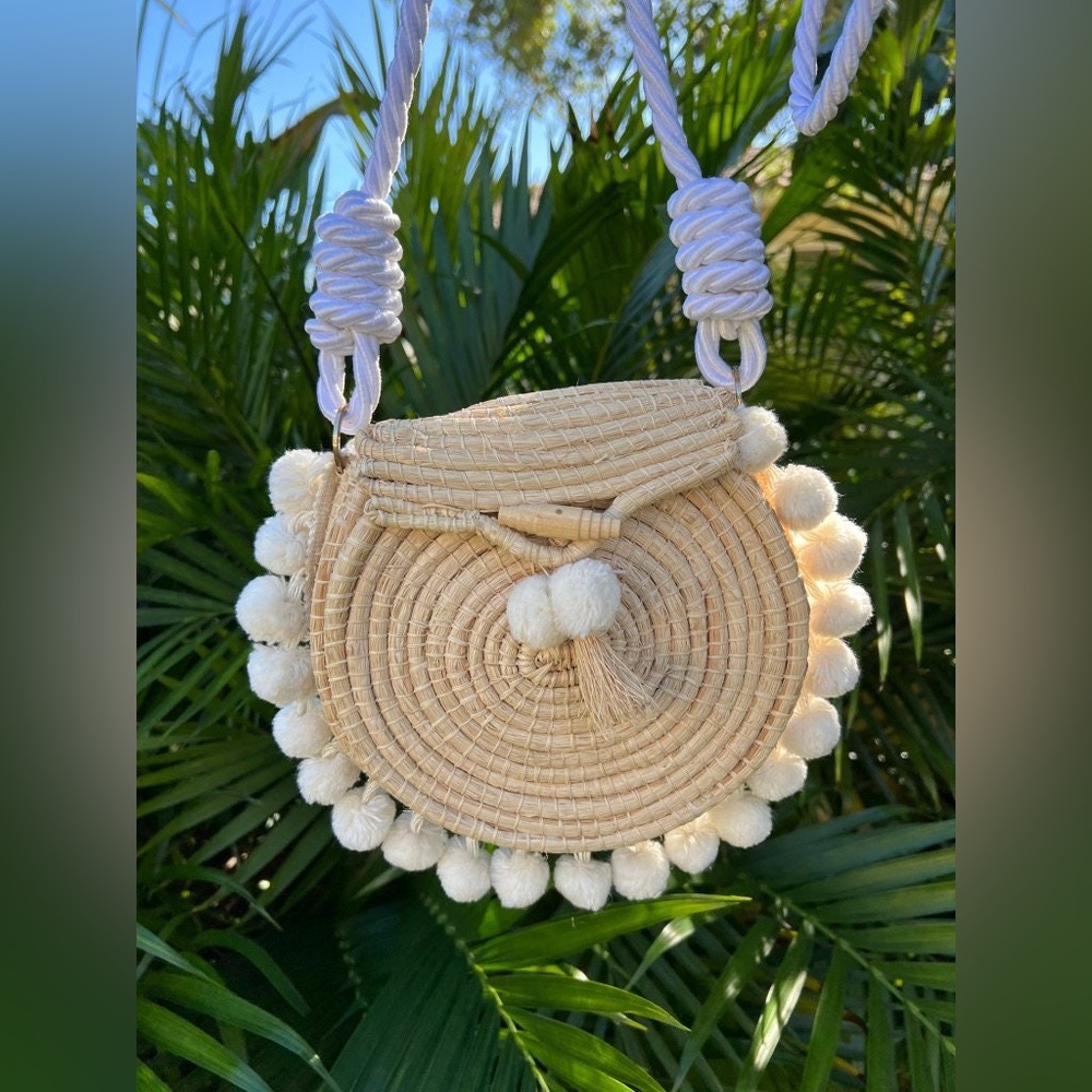 Pom poms  Round Handwoven Shoulder Bag - Boho Chic Summer Crossbody Bag